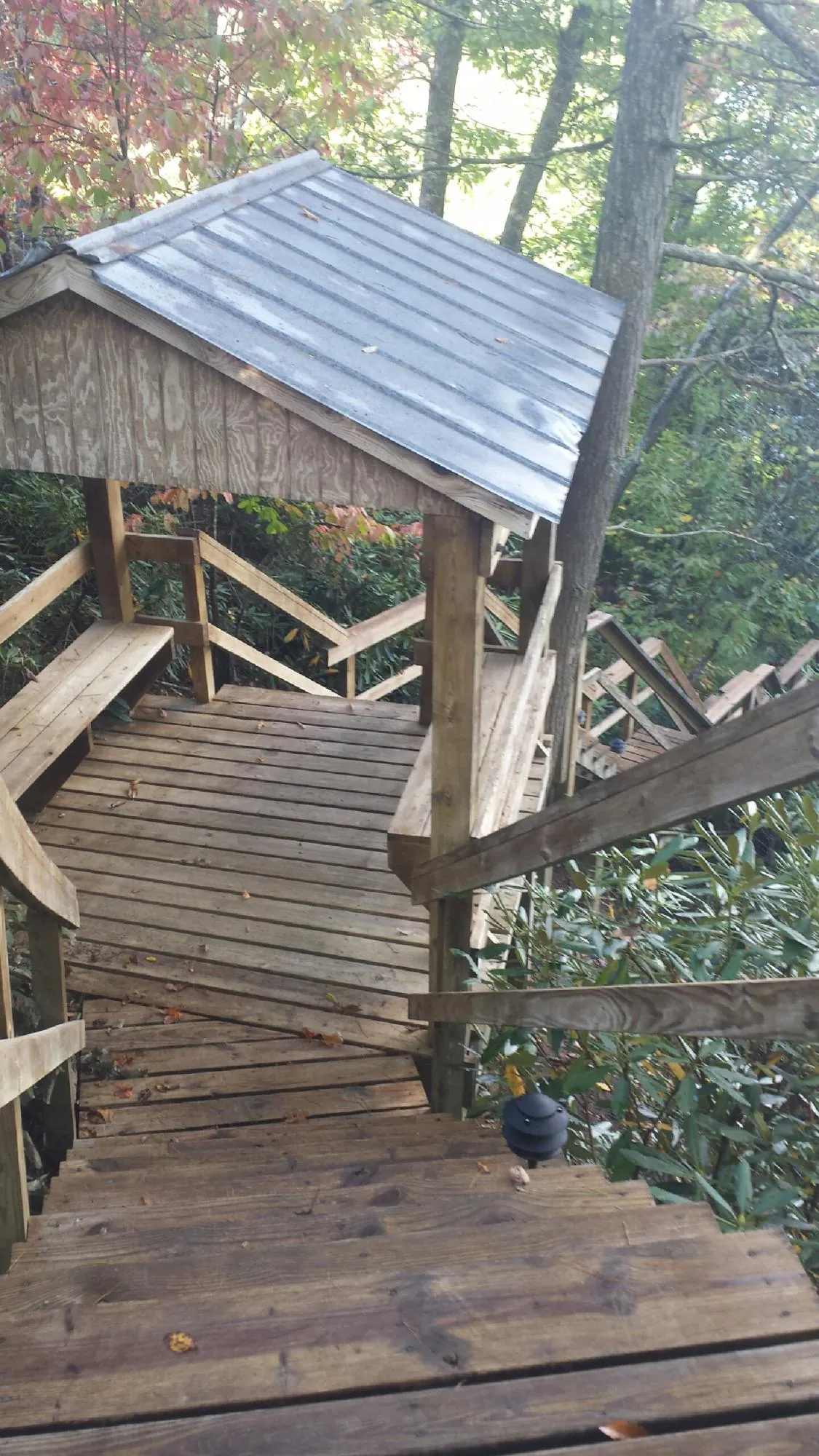 Metal roofed shelter over wooden steps on a wooded walkway — Skylight Repair & Installation work by our crew in Drewsey